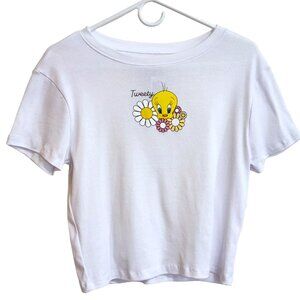 NEW Looney Tunes Tweety Bird White Cropped Scoop Neck Tee Shirt Size Jr L